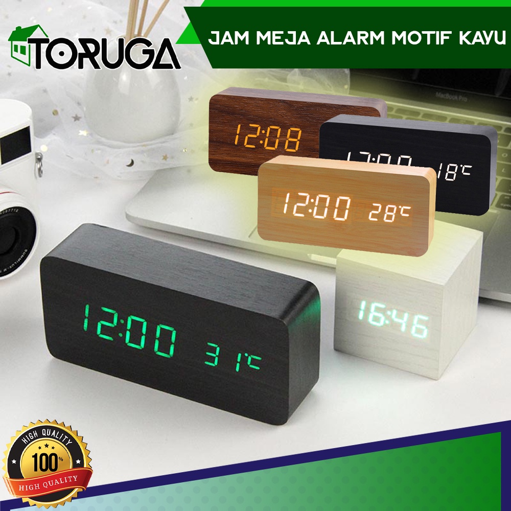 Jam Alarm Digital LED Wood Meja Motif Kayu &amp; 1299 Temperature