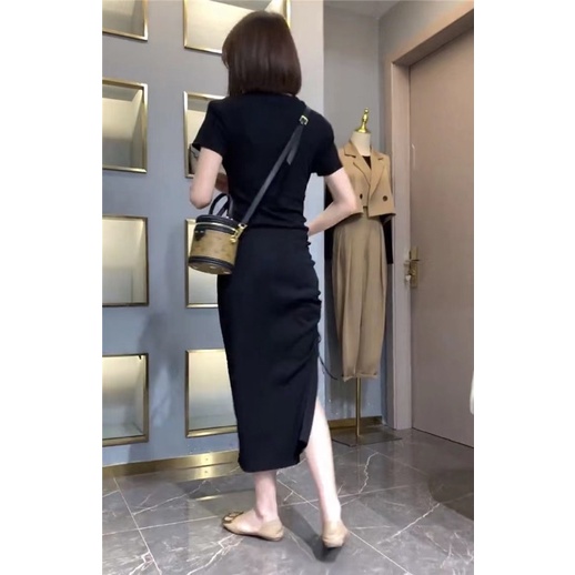 H7 DB14/16 Korean midi dress bodycon lengan pendek tali serut polos belahan / gaun pendek / elegant dress