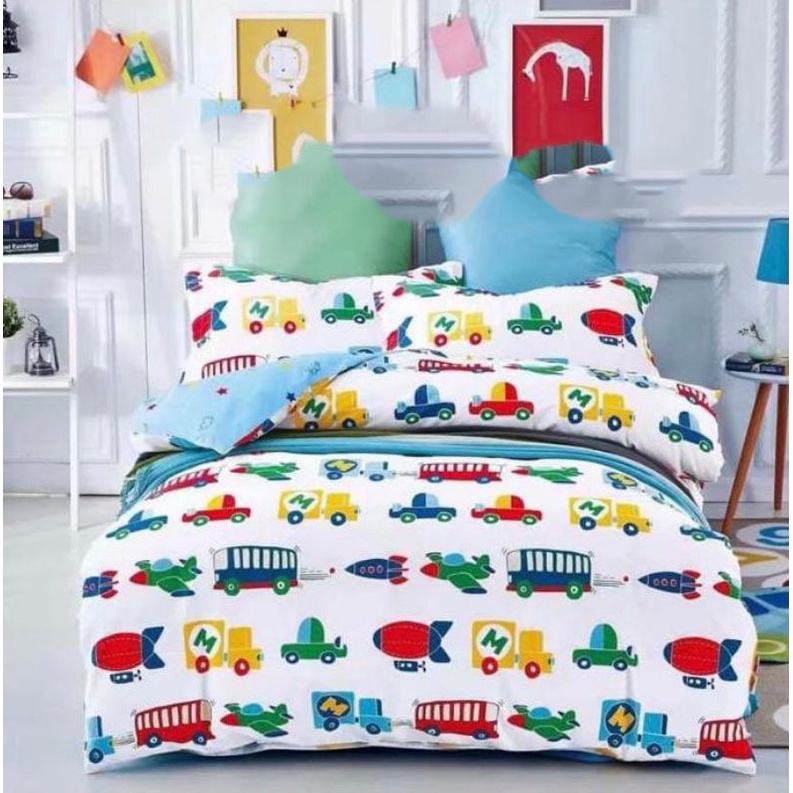 JPR01 WHITE TRANSPORT Bahan Kain Sprei Meteran Katun Jepang Asli Import Motif Anak