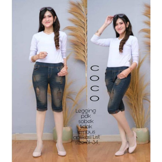 celana jeans pendek wanita jeans 7/8 list legging jeans pinggang kolor rip jeans sobek street