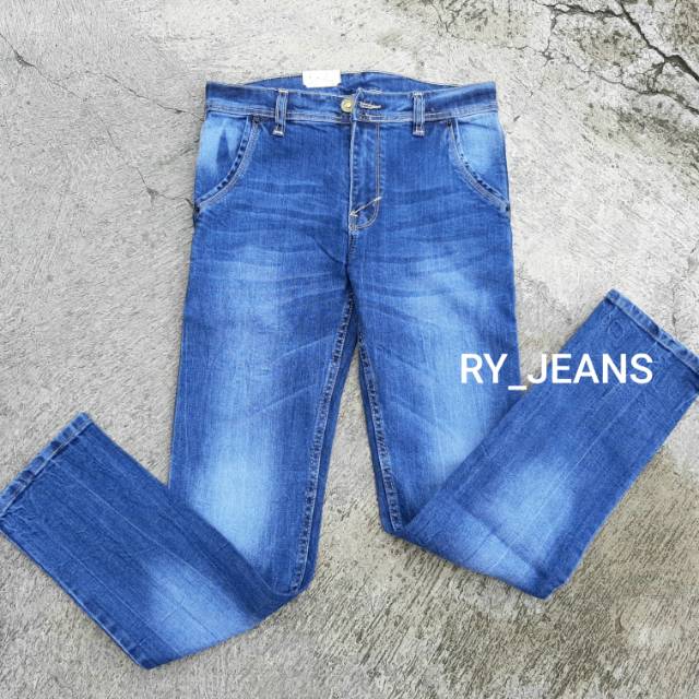 Celana jeans pria biru wisker celana panjang pria street melar