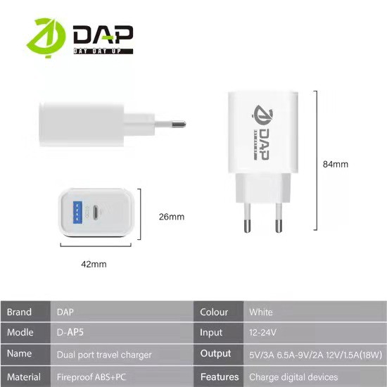 DAP TURBO Charger Fast Charging Dual Output USB &amp; Type C - Garansi 1 Tahun D-AP2