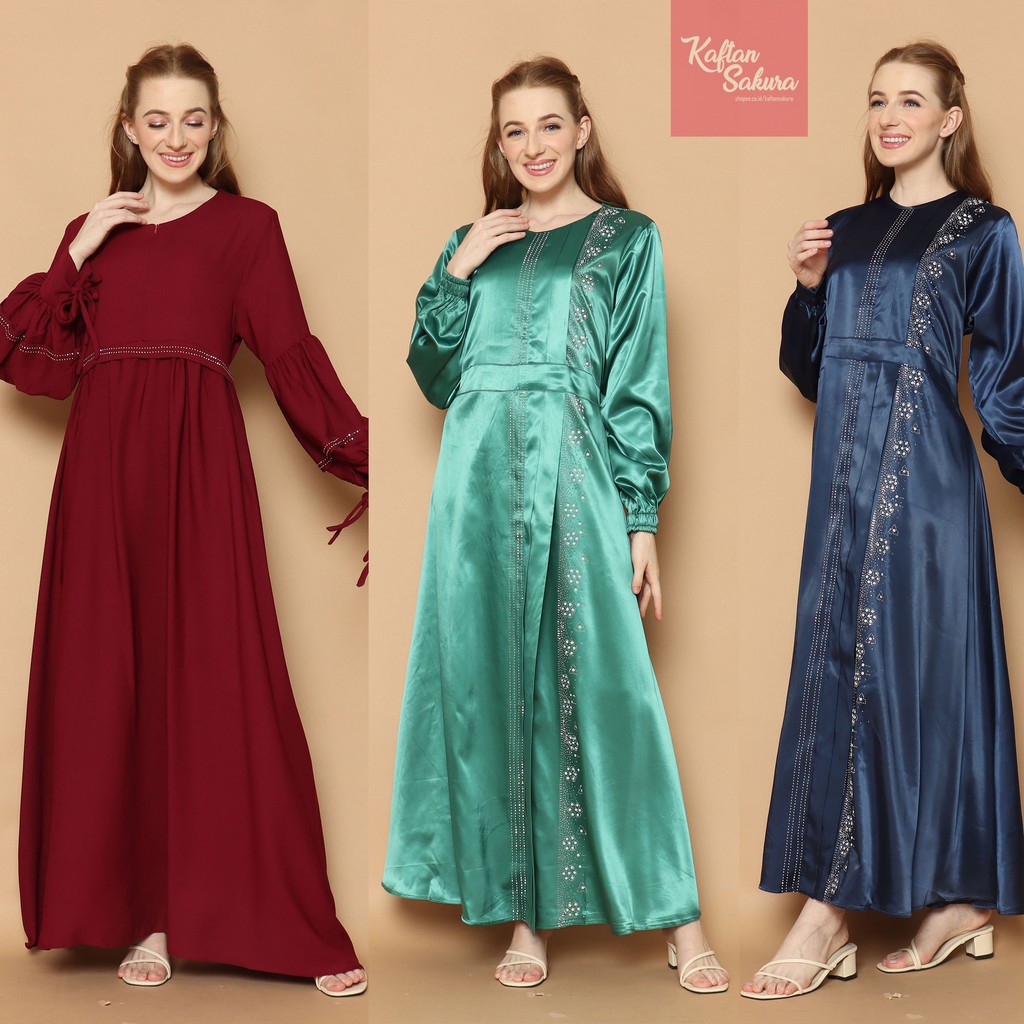 BAJU GAMIS WANITA PAYET BAHAN SATIN PREMIUM WARNA HITAM MAROON HIJAU UNTUK LEBARAN ALL SIZE MEWAH