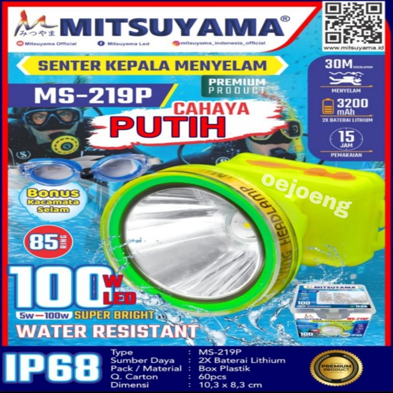 Senter Kepala Diving/Menyelam/selam MATSUYAMA MS-219P MS-219k 100 Watt Super Terang LED Putih/Kuning