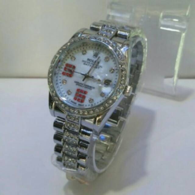 JAM TANGAN WANITA ROLEX DIAMOND GLAMOUR TANGAL AKTIF RANTAI SILVER KW SUPER