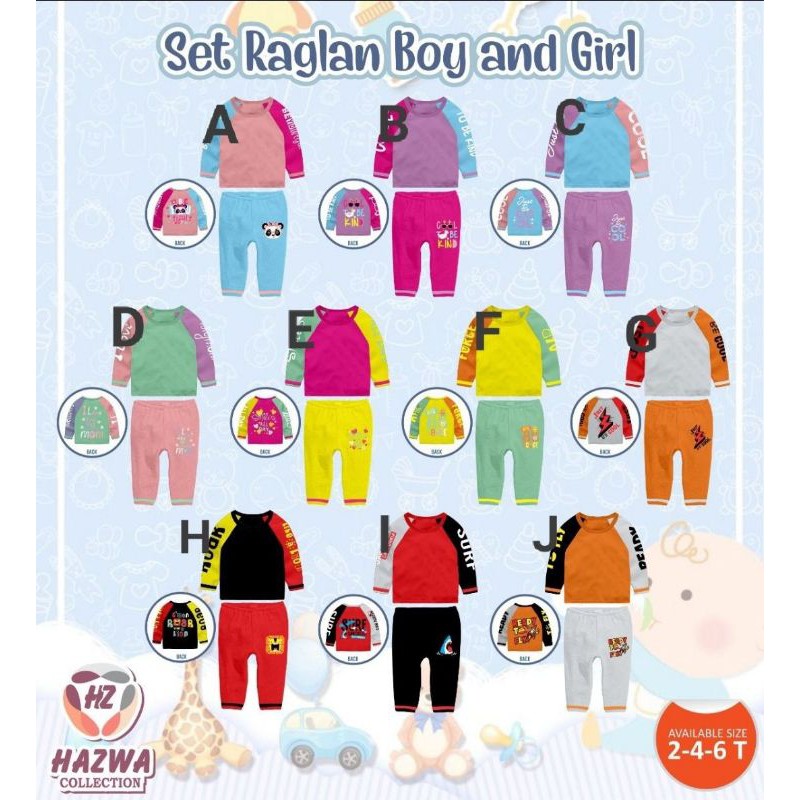 SET RAGLAN BOY AND GIRL HAZWA COLLECTION - baju setelan anak kaos dan celana panjang piyama rumah