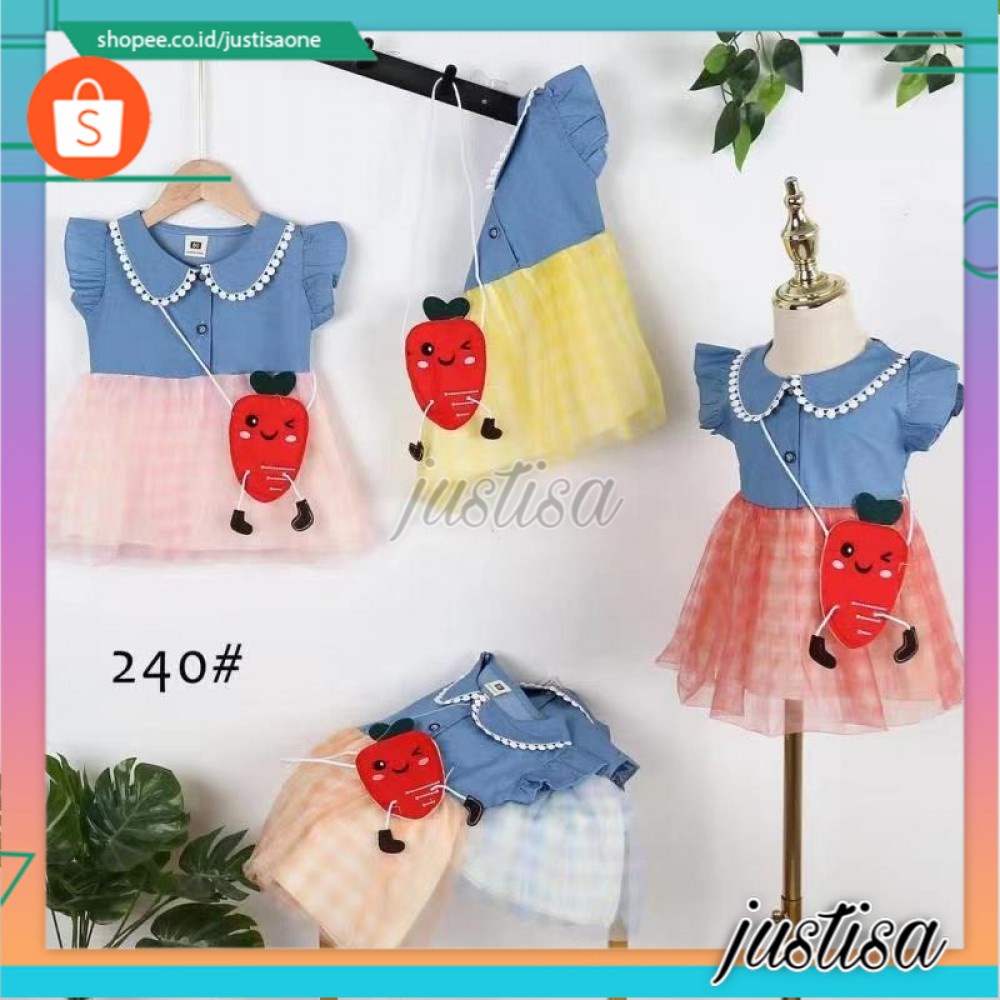 Promo !! Dress murah anak cewek dress denim with bag kiyowo import uk 6bln-2th (mix motif merah,kuning,putih)