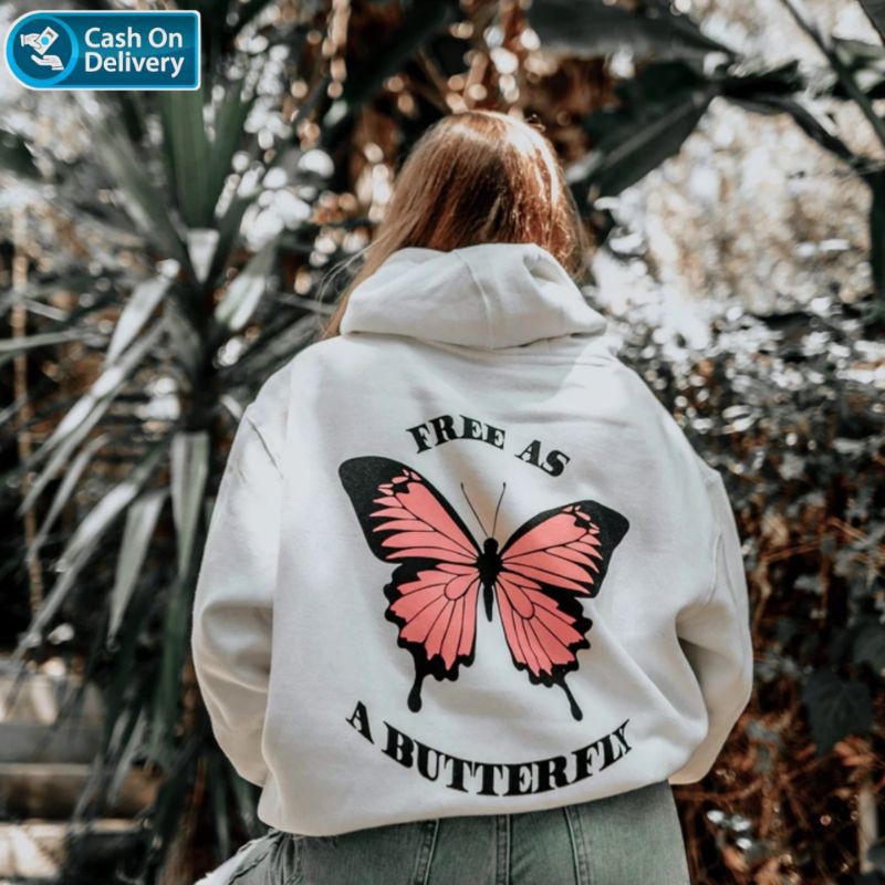 Hoodie Wanita Gambar Butterfly Depan Belakang Oversize Korean Style Sweater Murah Tebal Xxl Kekinian