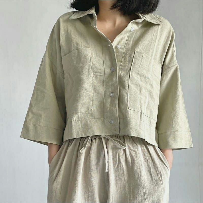 kemeja Crop Linen Pocket Outer - Kemeja Linen Wanita