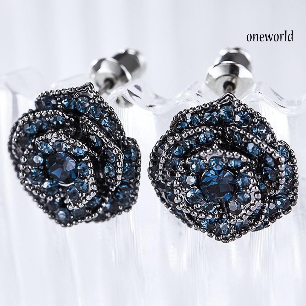 OW# Fashion Women Blue Flower Rhinestone Ear Stud Earring Jewelry Accessory Gift