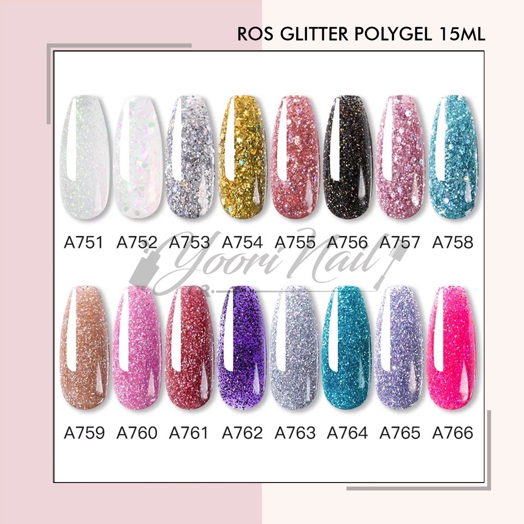 Rosalind glitter polygel 15ml extension nail art glitter polygel kuku