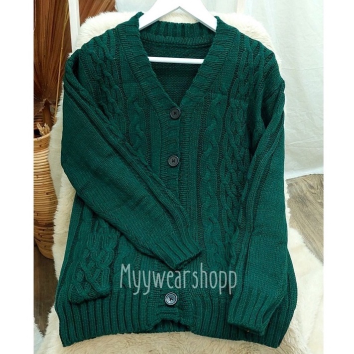 CABLE CARDY kardigan rajut kepang jumbo wanita panjang cardigan kancing oversize tebal terbaru impor-HIJAU BOTOL