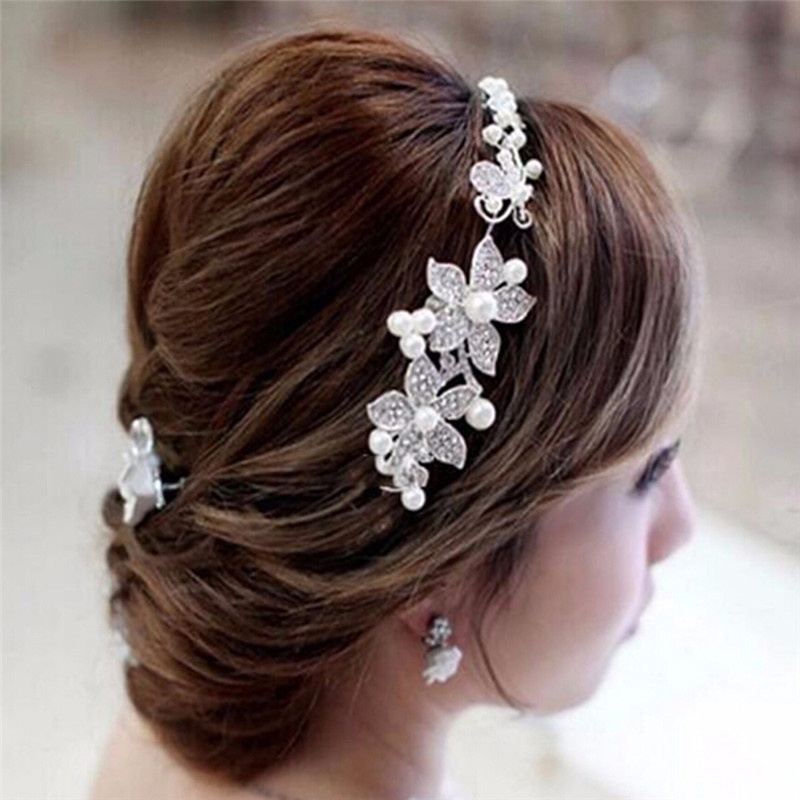 Headband Warna Silver Aksen Mutiara Kristal Berlian Imitasi Untuk Pesta Pernikahan