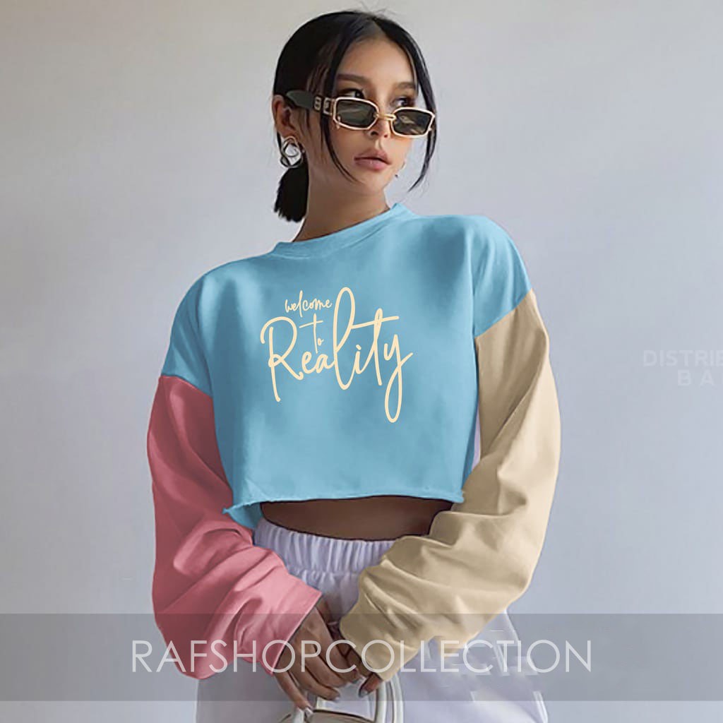 Crop Sweater Colourfull Welcome to reality, atasan korea-sweatercrop