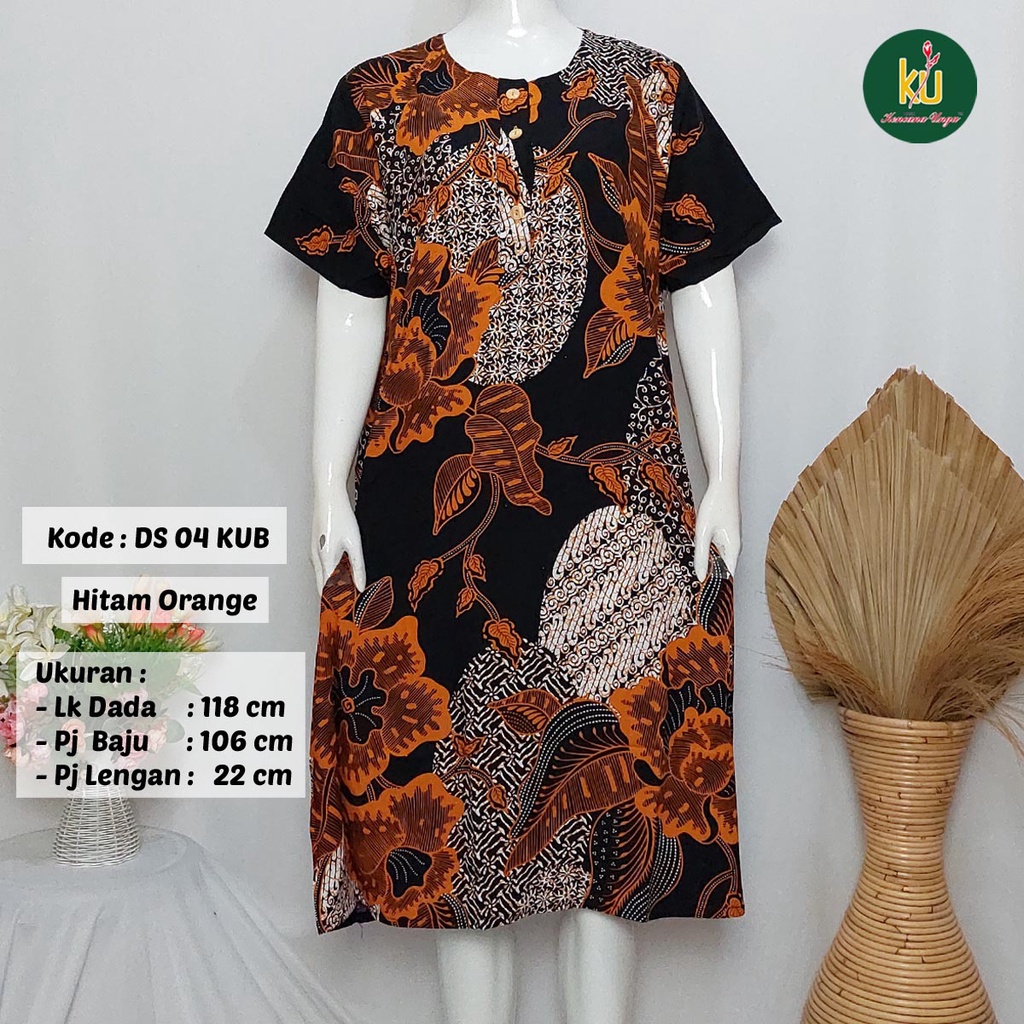 COD DS04 KUB | Daster Batik Kencana Ungu Asli Label Biru Uk. Jumbo LD 120 cm | Baju Santai Tidur Wanita Dewasa Kancing Depan Busui Friendly Motif Terbaru-Hitam Orange
