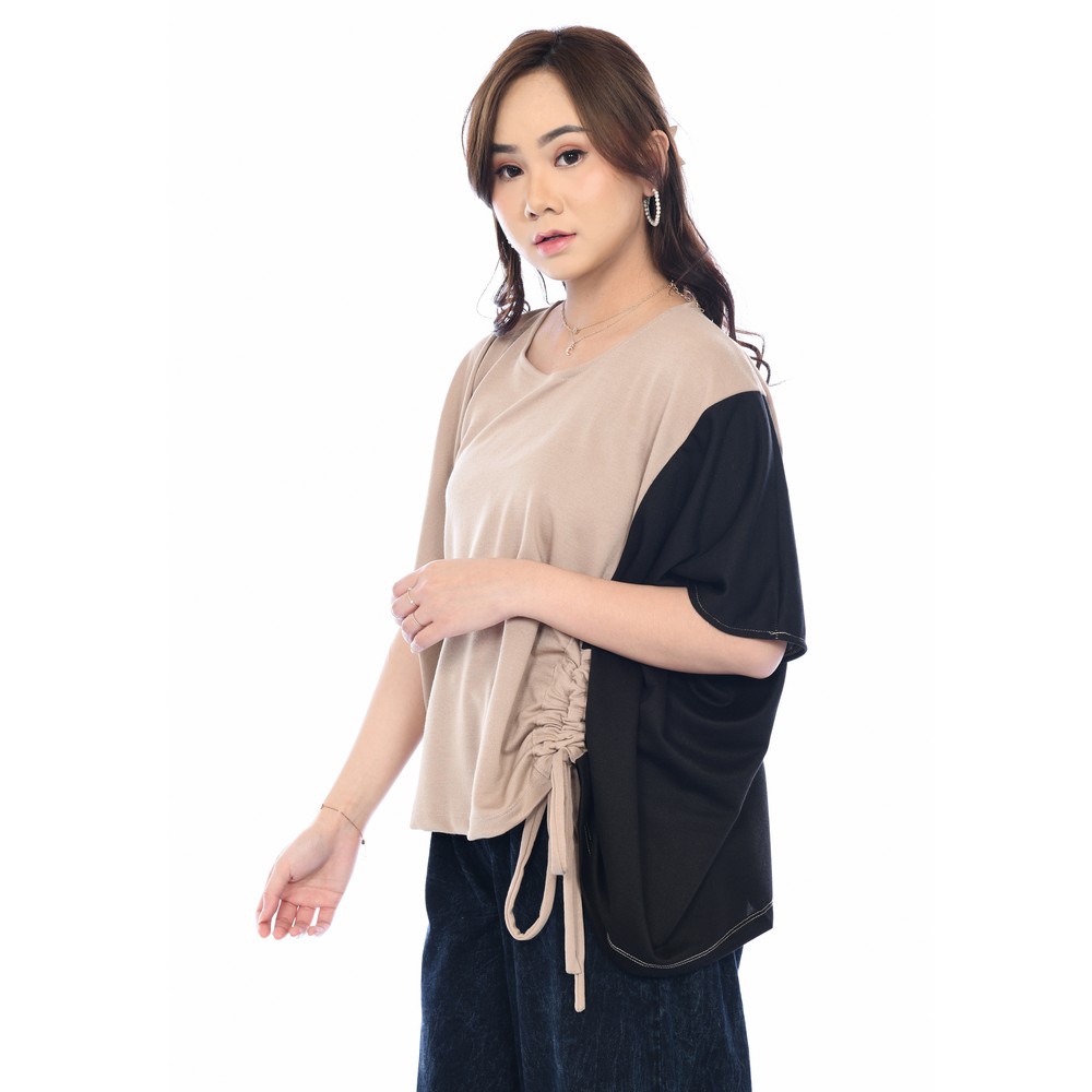 Yoenik Apparel Oversize Two Tone Colour Khaki - Black M13960 R43S4 - Atasan Wanita Blouse Oversize Baju Two Tone-4
