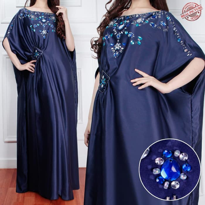 Shiva Dtk1/ Kaftan Brukat Import. Baju Muslim Gamis Panjang GR558  Manik Bcl - Navy