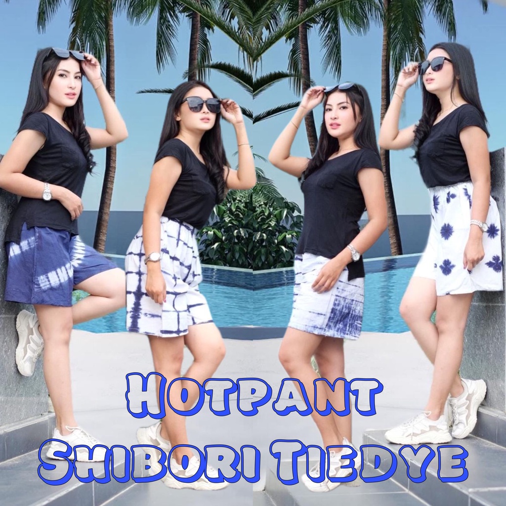 Celana Hotpant Shibori Tiedye Bawahan Handmade Santai Adem Celana Pendek Wanita Putih Celana Pantai