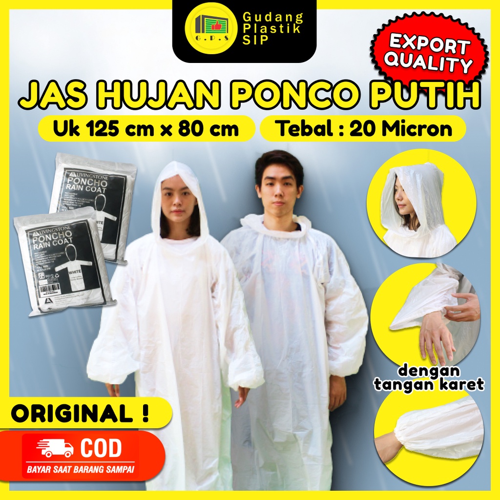 Jas Hujan Plastik Ponco Warna PUTIH Export Quality / Tebal &amp; Murah