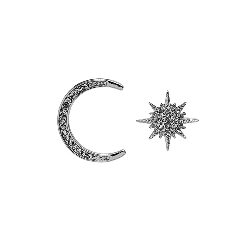 Anting stud 925 silver needle Zircon Bentuk Bulan Bintang Asimetris