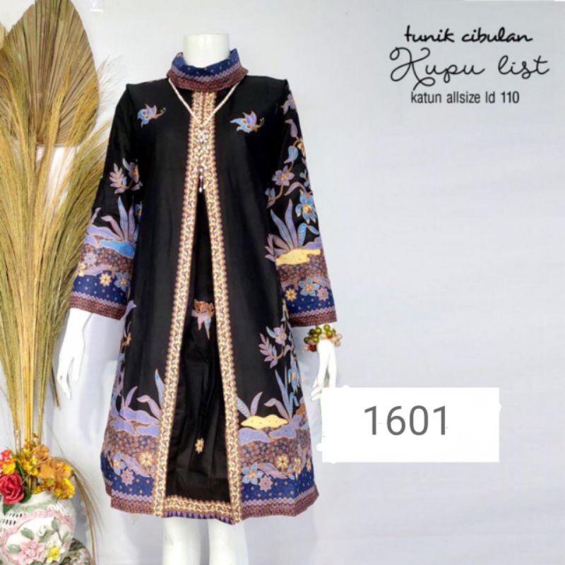 Tunik Cibulan Santika Pias Motif Kupu Warna Hitam Biru Lilac Jumbo