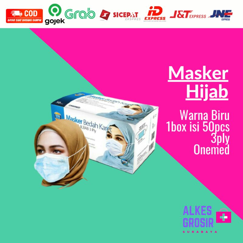 Masker Bedah Medis Hijab Jilbab ONEMED 3ply 1box Isi 50 pcs Karet Tebal Warna Hijau Biru Kesehatan O