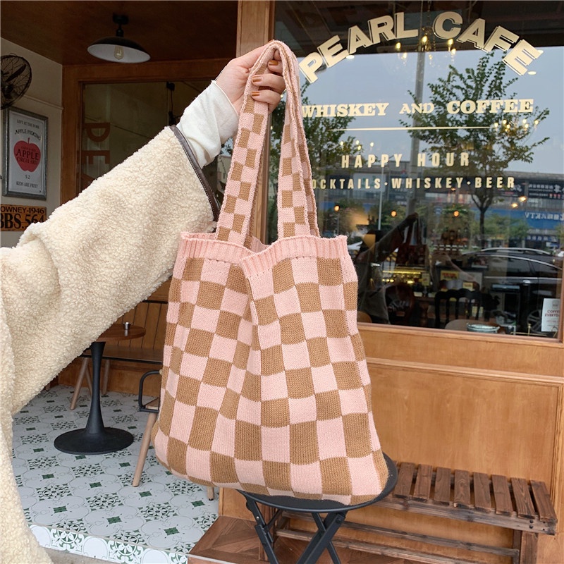 BEST-SELLER!! KOREAN KNITTED TOTEBAG CHECKERED BOARD