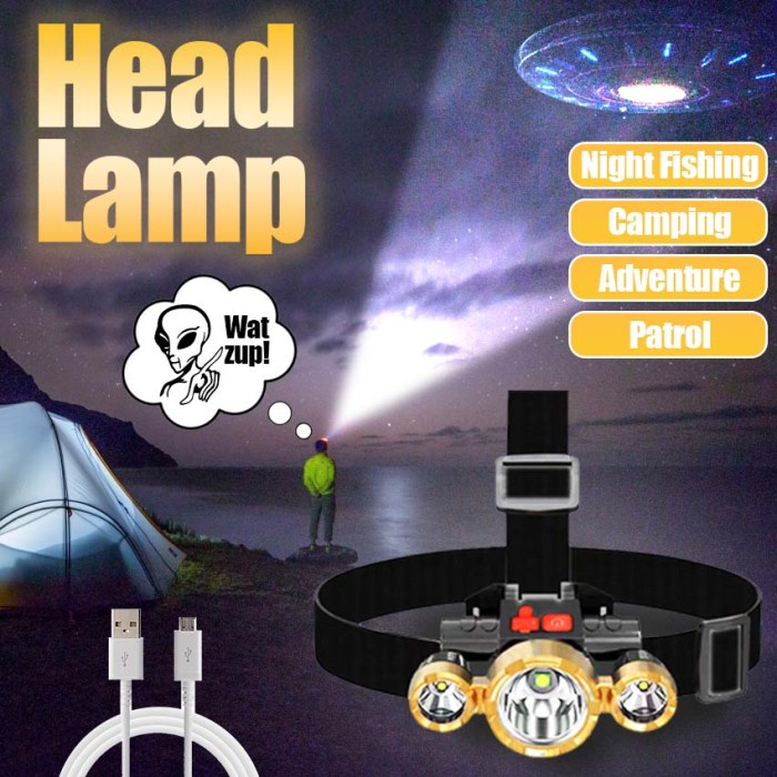 Senter LED lampu kepala senter camping 3 Lampu usb charge Super Terang / Senter Led Super Terang / Senter Led Kepala / Senter Led Kepala Super terang jarak jauh / Senter Kepala 5 LED Super Terang USB Rechangeable Waterproof Anti Air 45w 4Mode Cahaya Putih