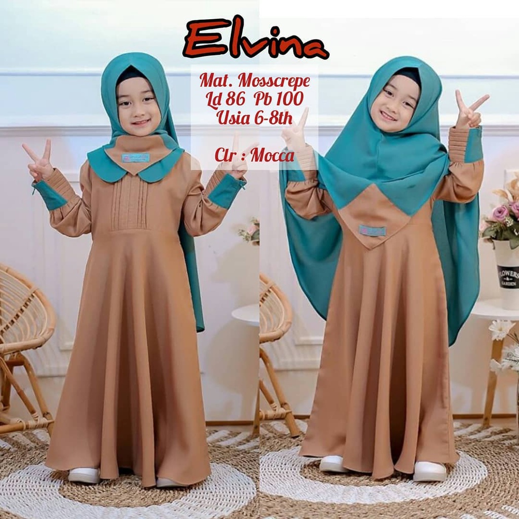 ELVINA SYARI KIDS KF 6 - 8 TAHUN BAHAN MOSSCRAPE DAPAT GAMIS + HIJAB BAJU KIDSS KEKINIAN TERBARU 2022