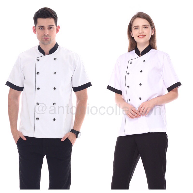 Baju Koki / Chef Putih Lengan Pendek List Hitam-Putih Lis HItam