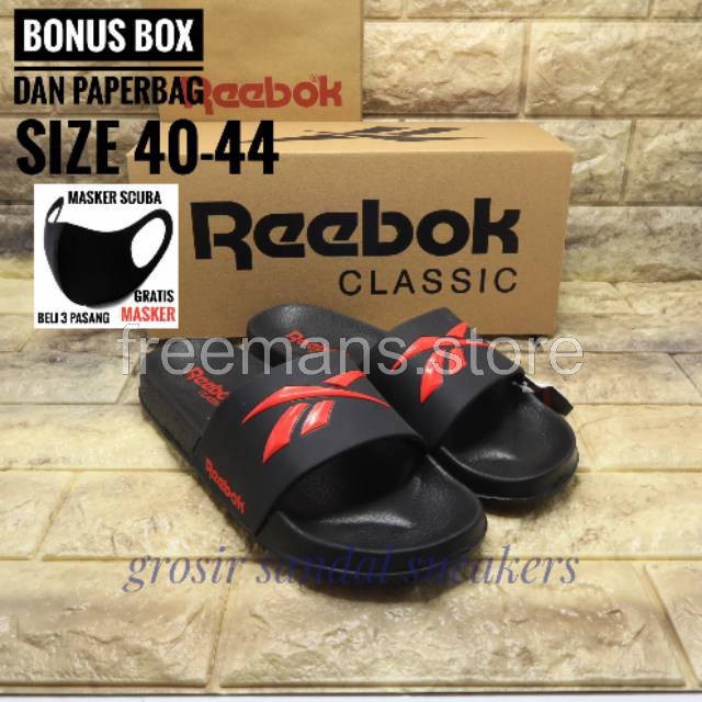 SENDALSLIDE REEBOK PRIA SANDAL SPORT  SLOP PRIA WANITA IMPORT PREMIUM MADE IN VIETNAM HITAM MERAH