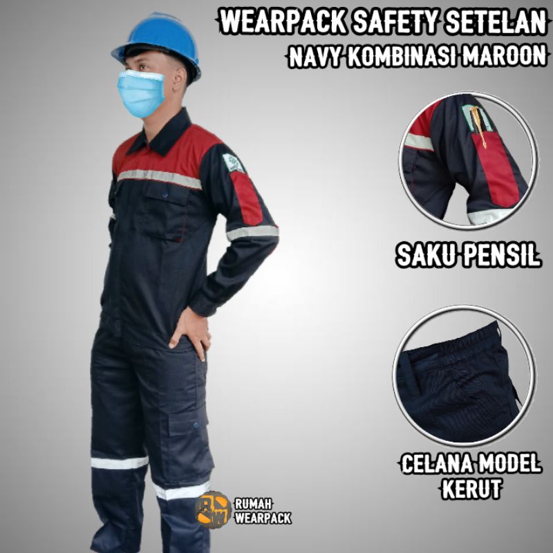 Wearpack Proyek dan Celana Kerja Setelan Navy Kombinasi Merah Maroon