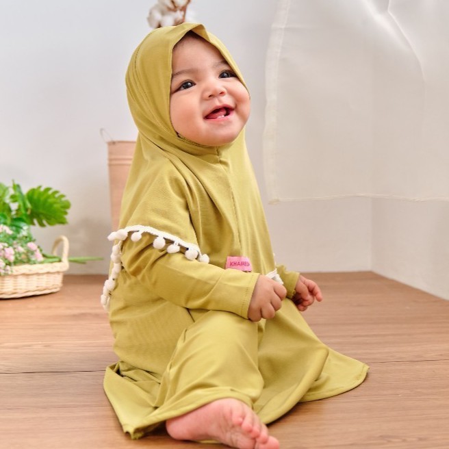 Baju Muslim Anak Perempuan Jersey Import Original Khaireen / Gamis Anak Pompom Cantik