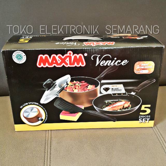 MAXIM VENICE SET WAJAN PANCI PENGGORENGAN TEFLON TUTUP KACA SPATULA SPONS