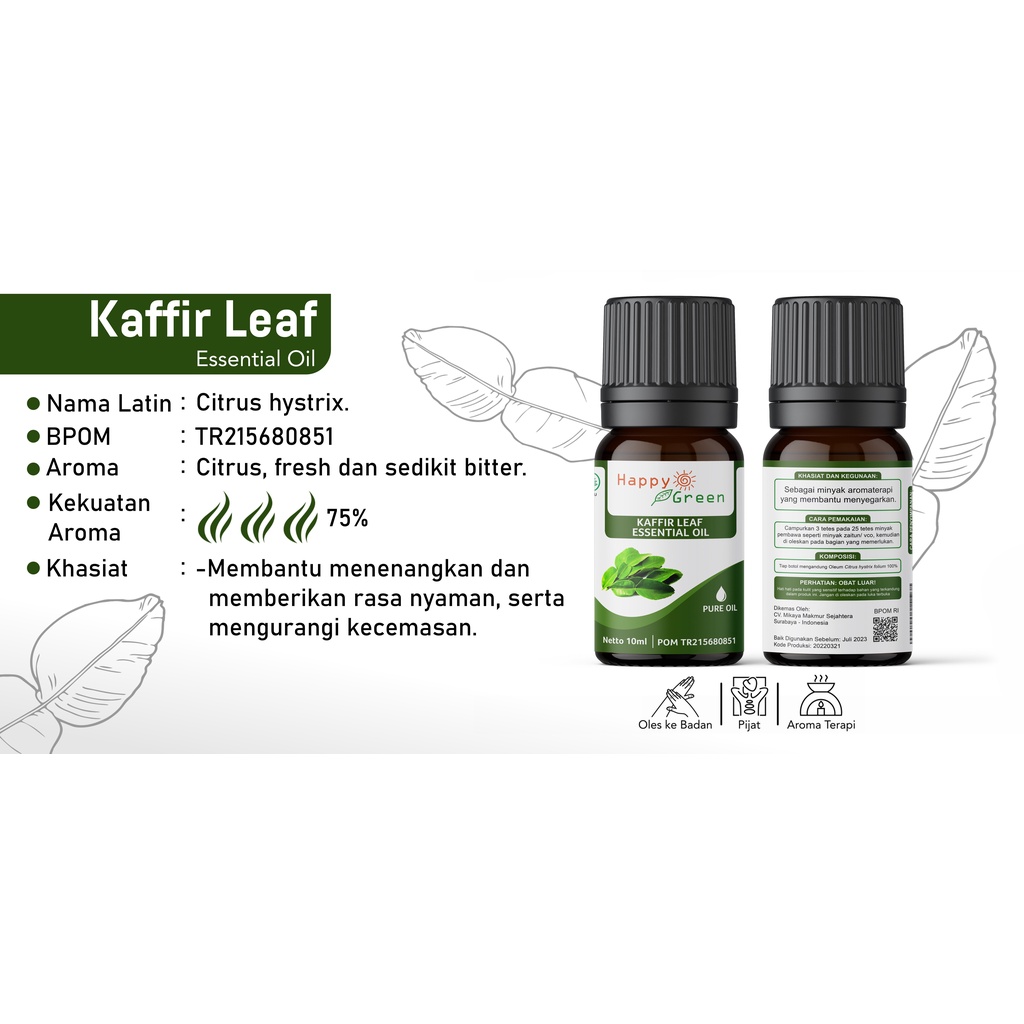 BPOM Happy Green Kaffir Leaf Essential Oil - Minyak Atsiri Daun Jeruk Purut 100% Murni Garansi Uang Kembali