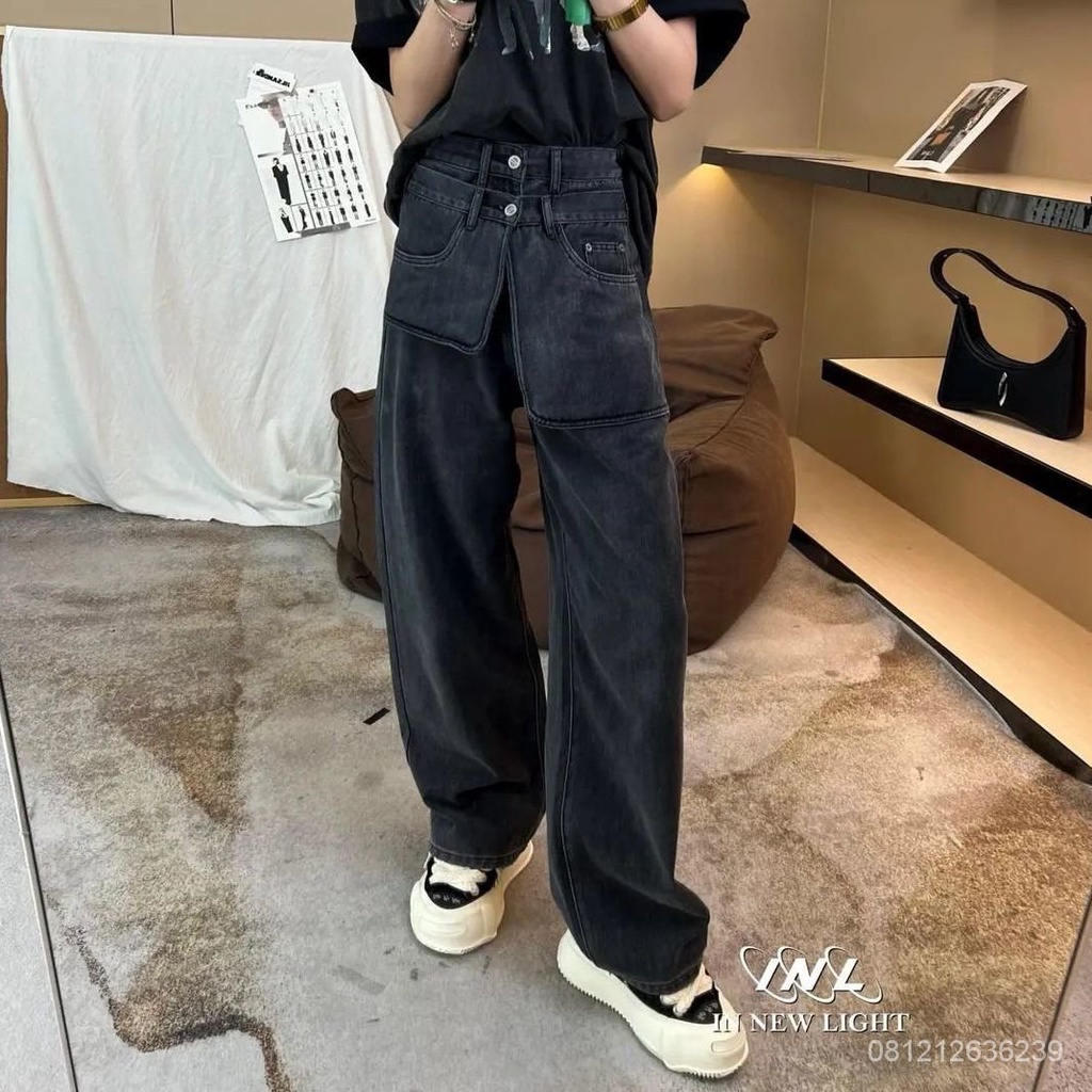 Awal musim gugur 2022 baru terbuka jeans saku besar wanita Eropa dan Amerika desain ceruk pinggang t