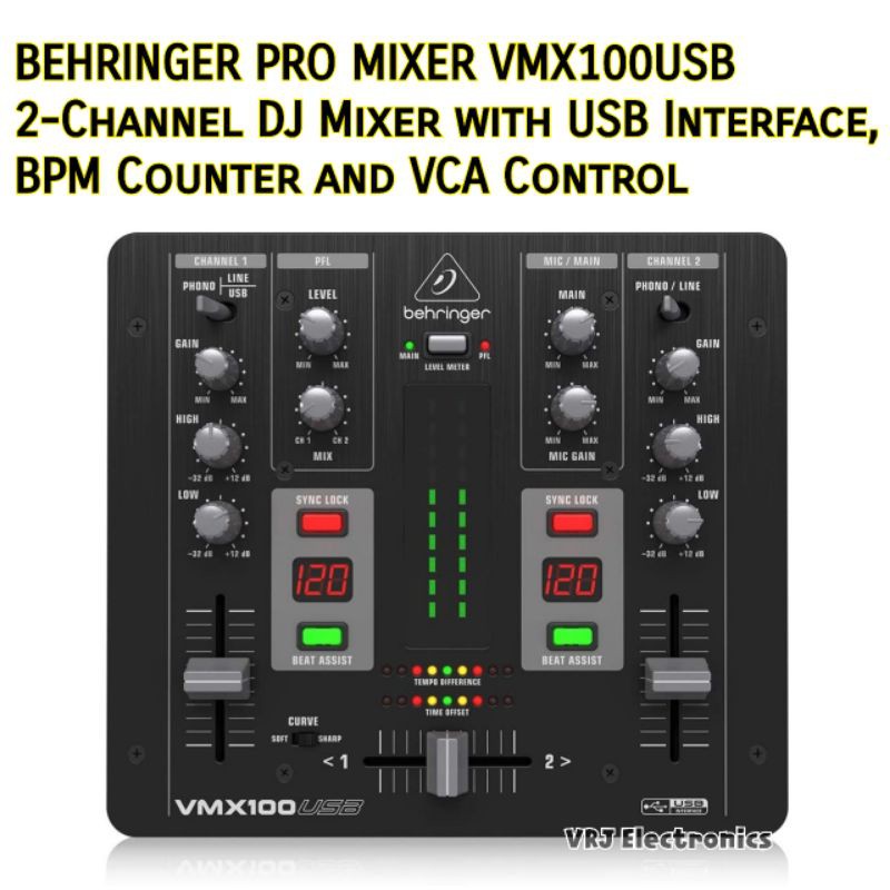 BEHRINGER PRO MIXER VMX100USB 2-Channel DJ Mixer with USB Interface, BPM Counter and VCA Control