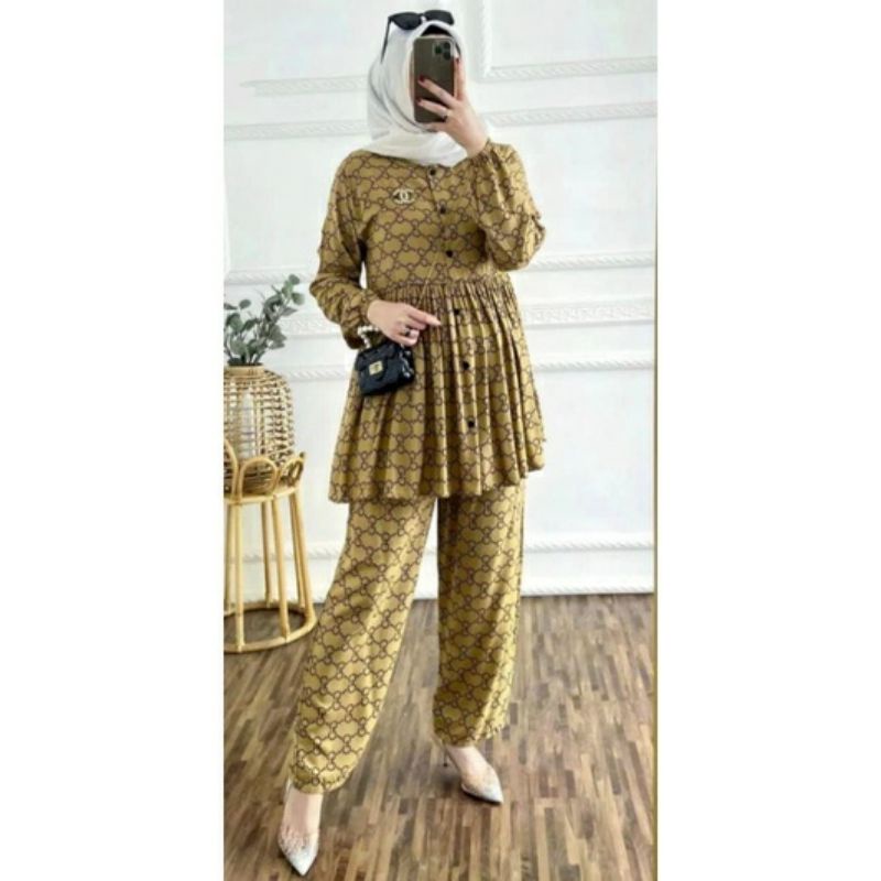 Tunik Setelan Motif Gucci Rayon Premium Viral Terbaru