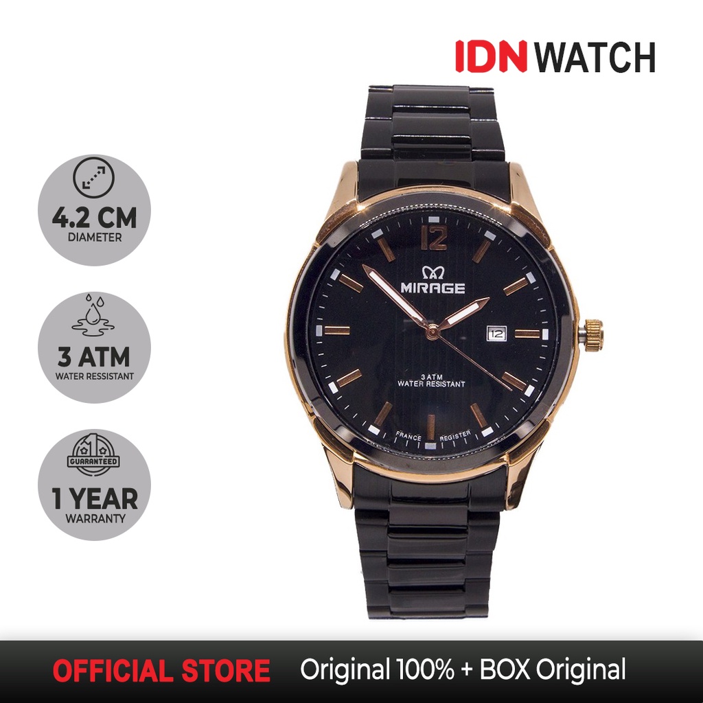 Jam Tangan Pria Analog Miragewatch Hitam Rosegold Formal Keren Original Tahan Air 3 ATM Mirage 7570M