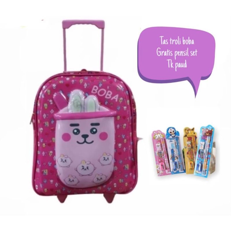 Tas Ransel Troli Anak BOBA LED/ Bonus 1pc Alat Tulis / Tas Anak TROLI sekolah TK-SD BOBA LED