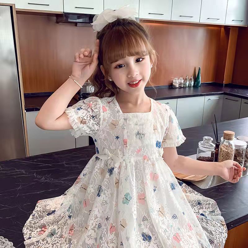 KF CAT Dress Brukat Anak Perempuan Import /Gaun Princess Pesta Lengan Pendek Ruffle Rok Panjang Renda Mewah Motif Kupu Kupu Untuk Usia 3-7 thn-1