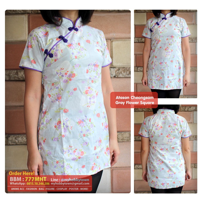 Atasan/Blouse Cheongsam / Qipao : Gray Flower Square
