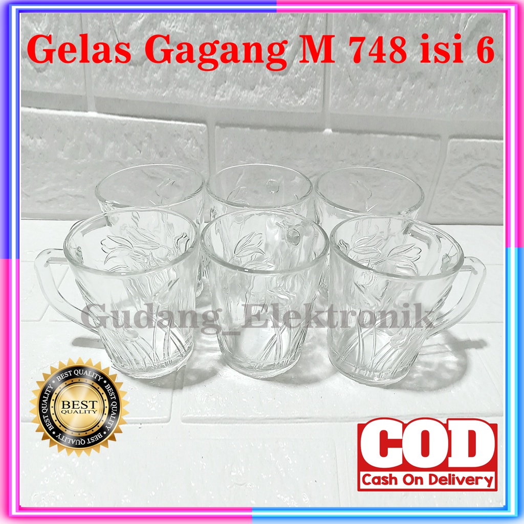 Isi 6pcs Gelas cangkir Kaca Bening Beling Gagang Polos Kembang Cangkir Kopi Cangkir Teh M-748