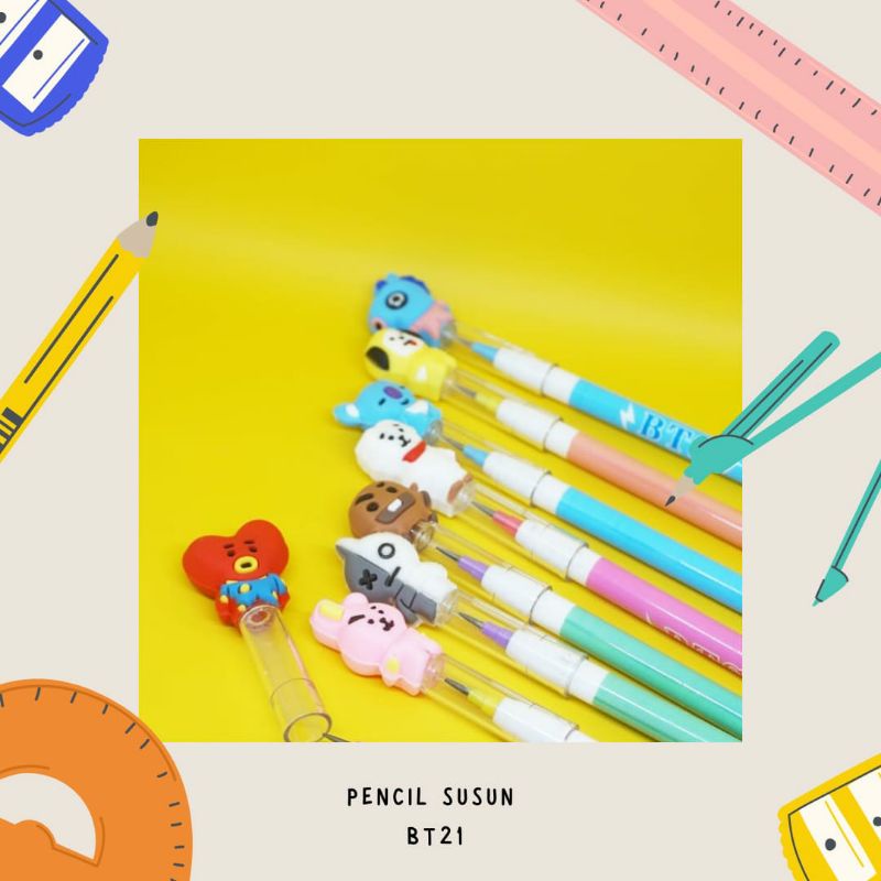 PENSIL SUSUN KARAKTER BTS BT21 KEPERLUAN SEKOLAH ANAK PENSIL PELURU LUCU ATK FANCY IMUT IMPOR