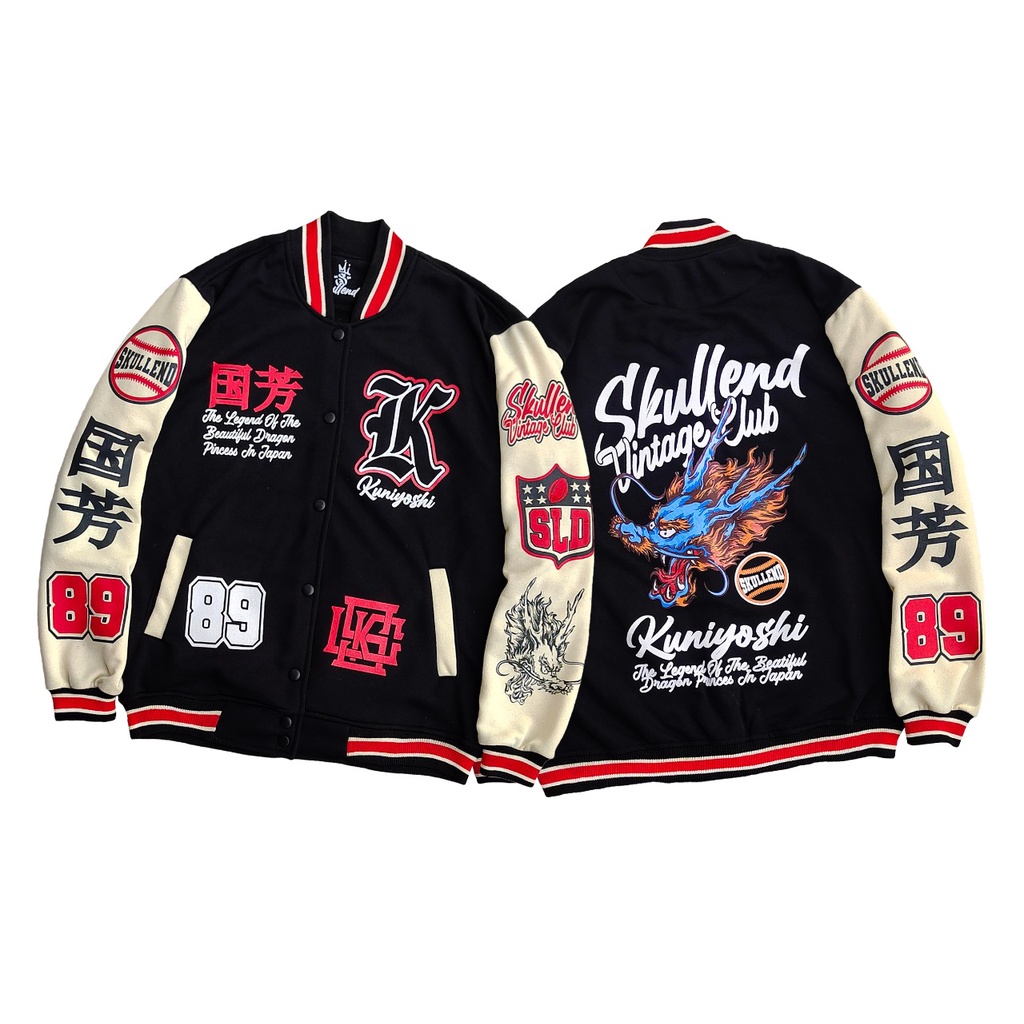 SKULLEND Jaket Varsity Baseball Vintage Pria Wanita - Kuniyoshi