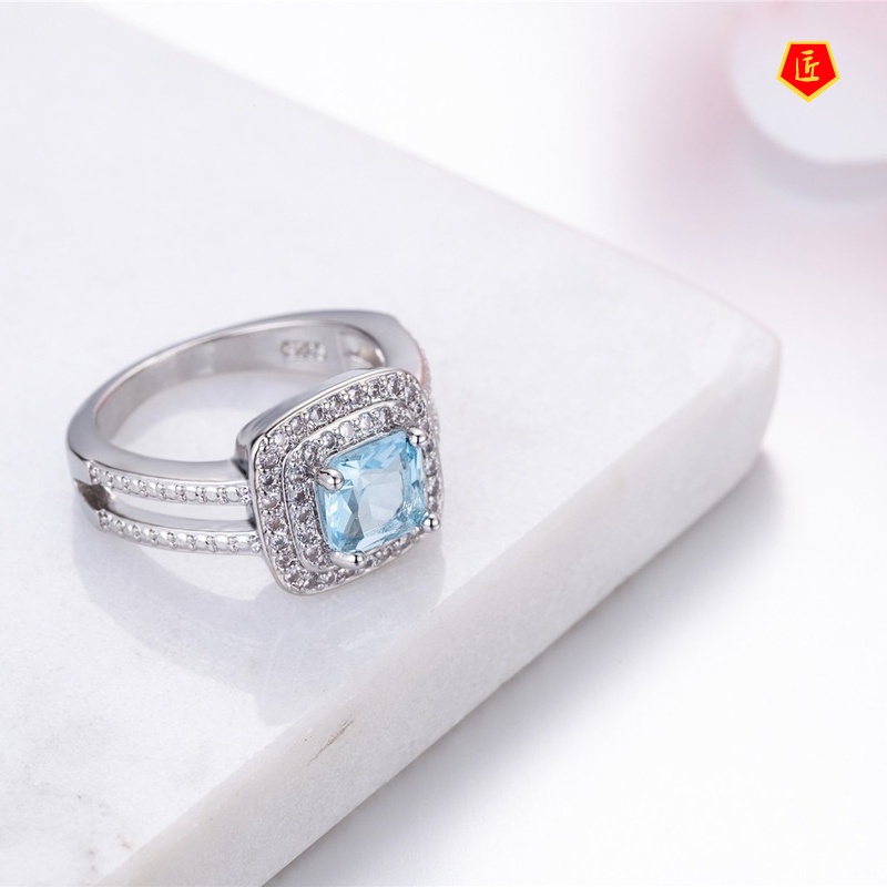 [Ready Stock]Simple Elegant Full Diamond Sea Blue Topaz Ring