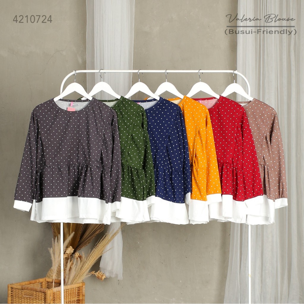 Baju atasan muslim wanita blouse Valeria motif polkadot bahan waffle velvet merk valica