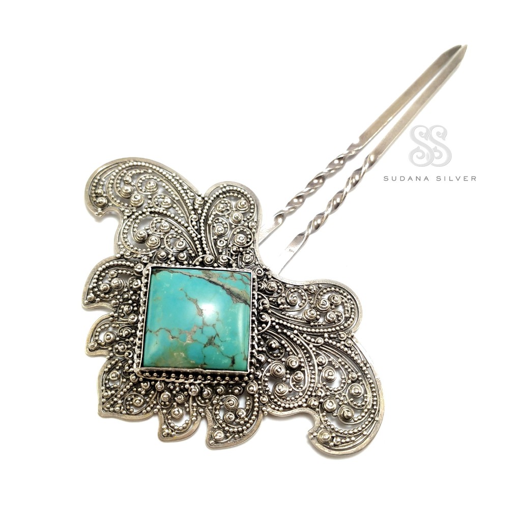 Cucuk Tusuk Konde Rambut Turquoise Perak Bakar 925 Bali