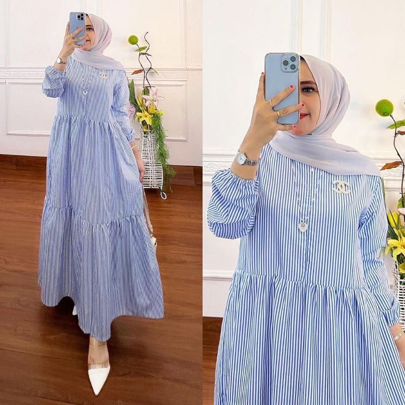 Midi Dress Chika Salur Gamis Muslim WanitA Terbaru Pakain Kondanggan Kekinian Set Wanita Polos  Mode
