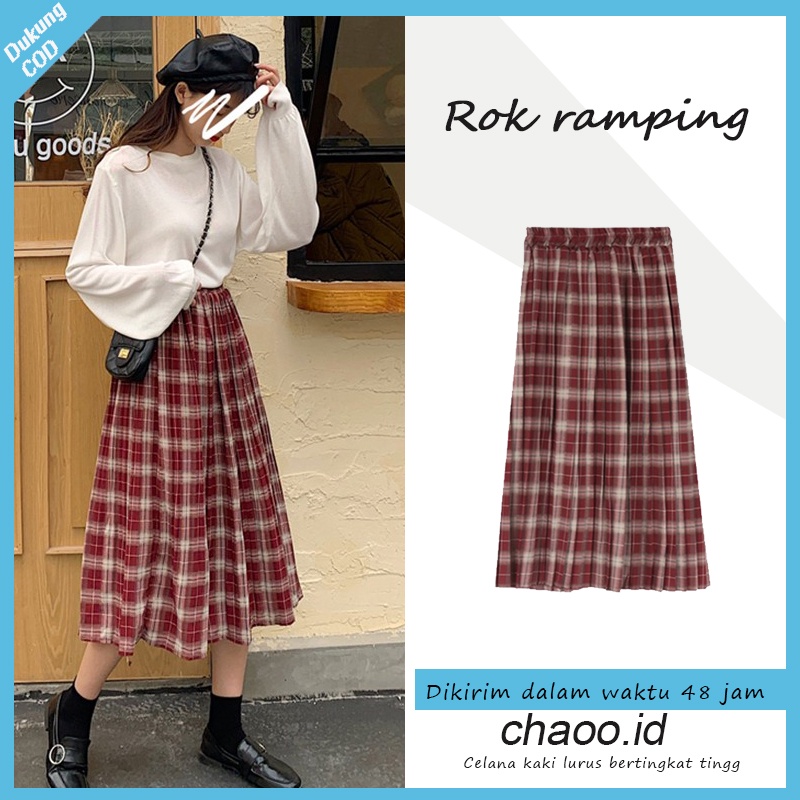 2022 musim panas Versi Korea Retro kisi garis Pinggang tinggi longgar Rok serba cocok